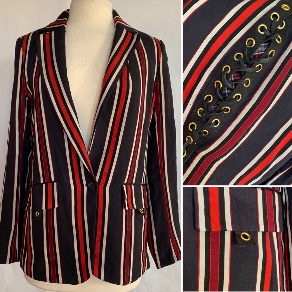 Reworked Lace up Striped Blazer